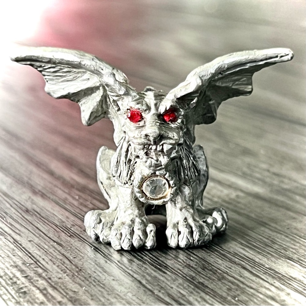 Vintage Pewter Dragon Figurine Red Crystal Mini Sculpture Home Decor Collectible